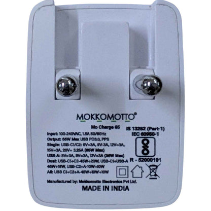 MokkoMotto 65W GaN 3-Port Fast Charger with Type-C Cable (Like New Condition - Brand Warranty) | Budli