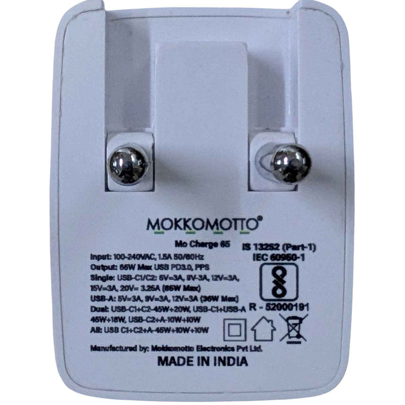 MokkoMotto 65W GaN 3-Port Fast Charger with Type-C Cable (Like New Condition - Brand Warranty) | Budli