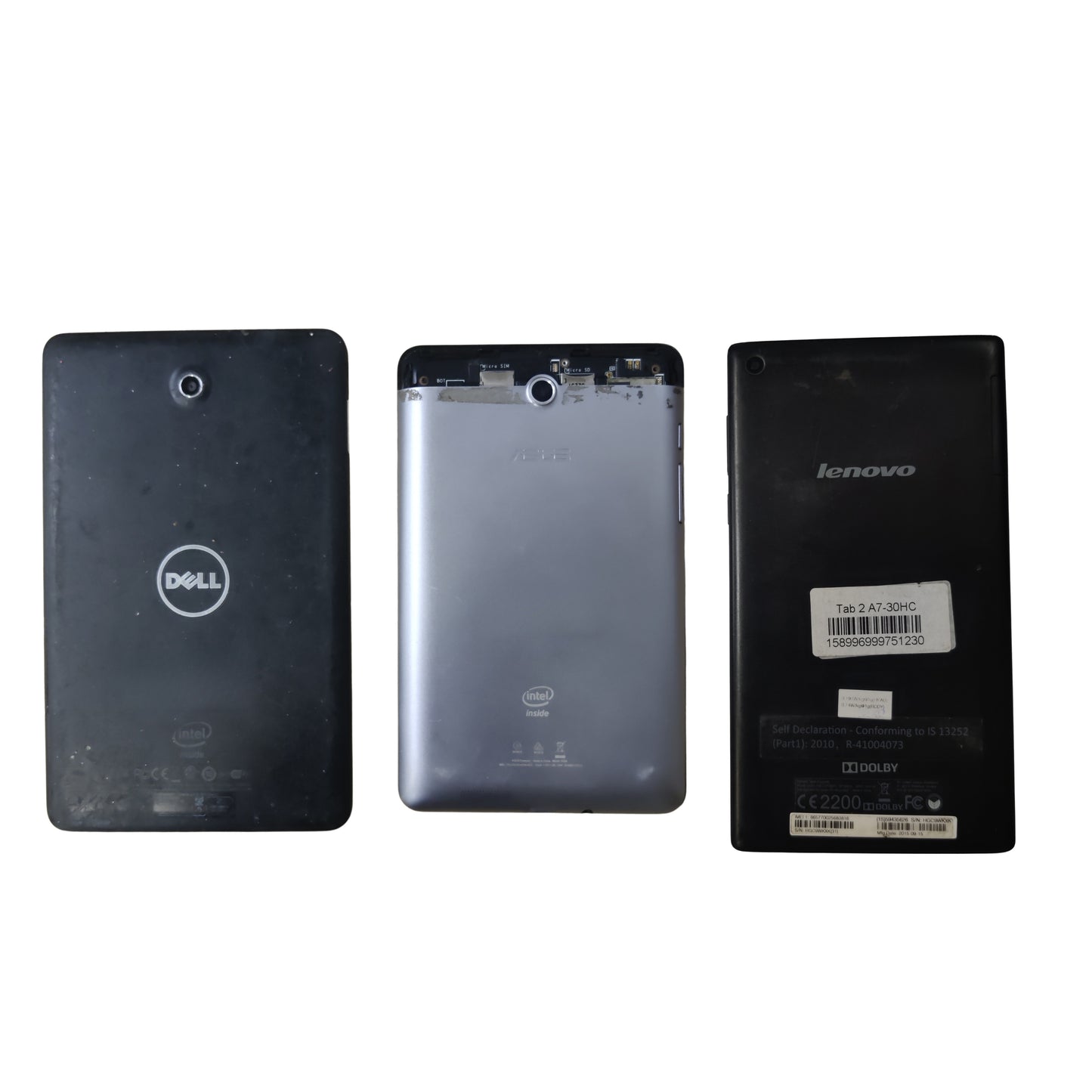 Back View of  Dell Venue 8 + Asus FonePad Tab and Lenovo Tab 2 A7