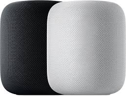Two Apple HomePod speakers, one black and one white, on a plain background.